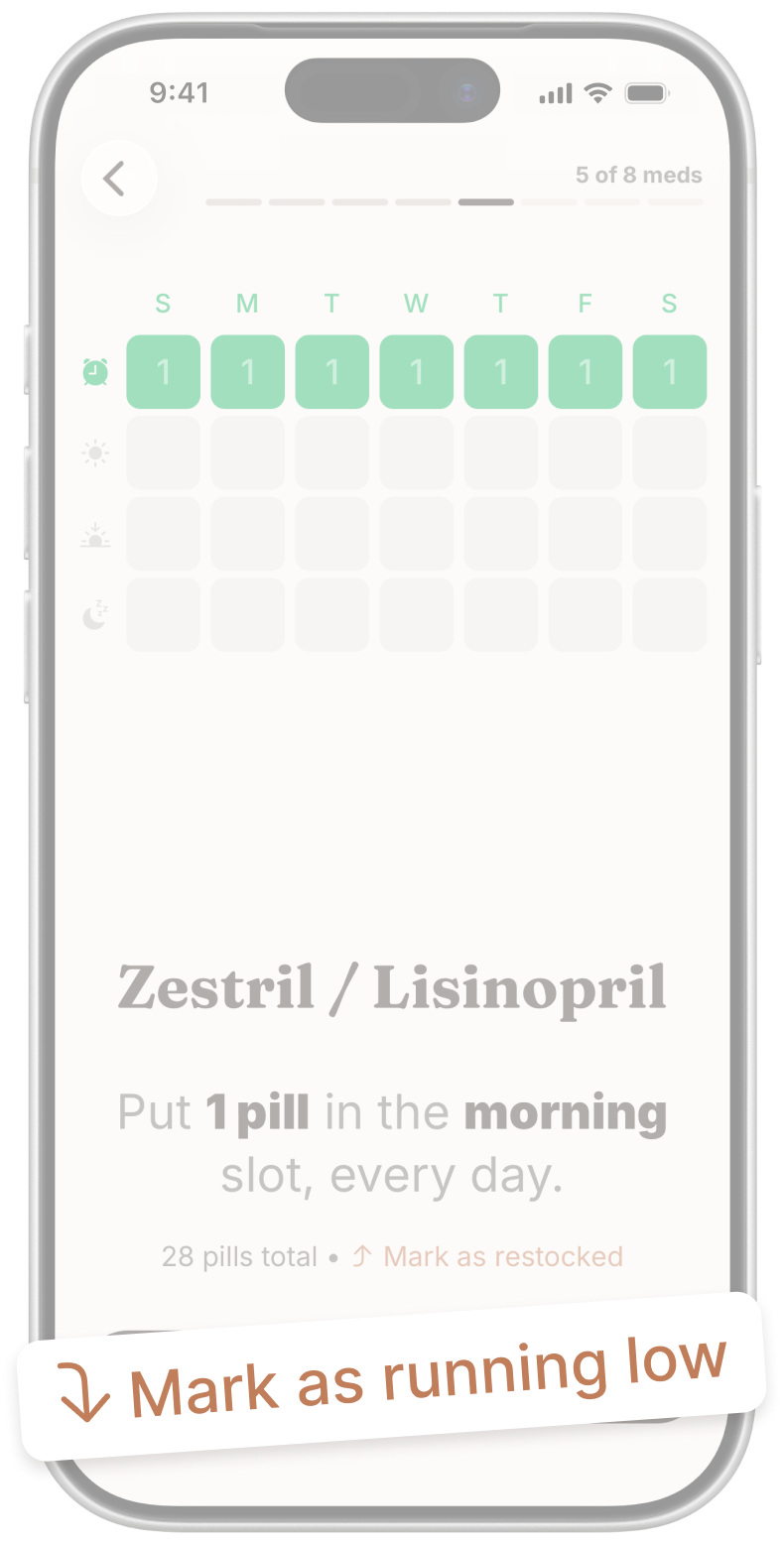 With medication list with Mark as running low and Mark as restocked